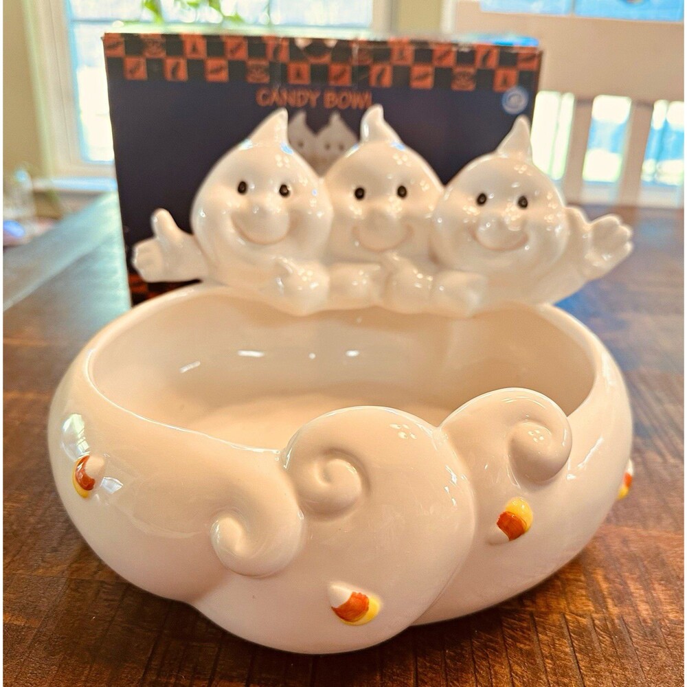 Vintage 1992 CIB Ceramic Halloween Ghost Candy Bowl Trio IN BOX w/ Styrofoam